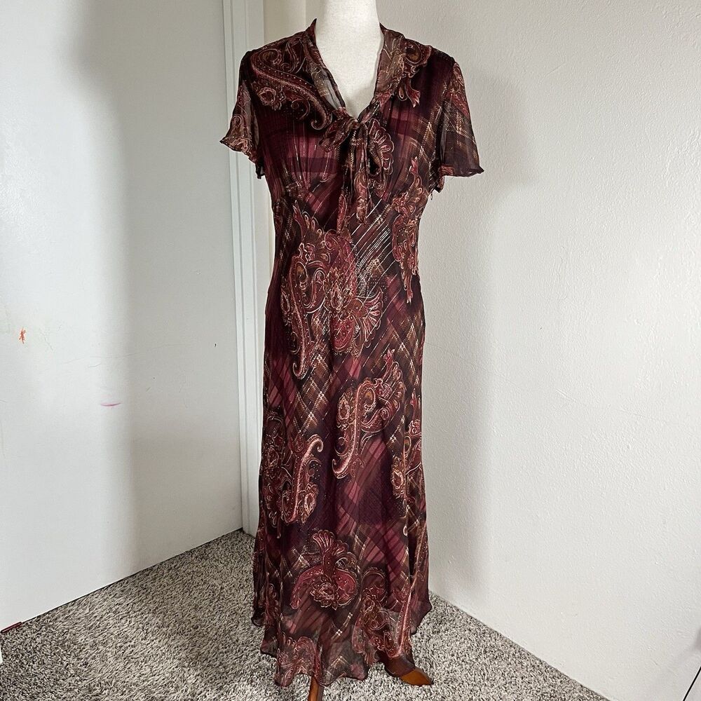 VTG Y2K Fairycore Whimsigoth Romantic Floral Asymmetrical Slip Dress Sz 14P Tie